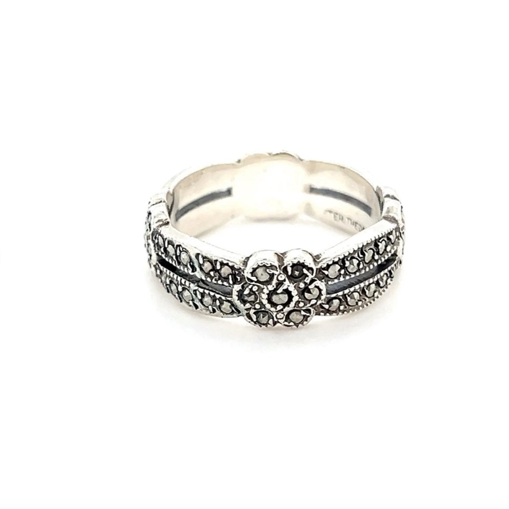 Vtg.Theda Sterling Silver Marcasite Flower Eternity Band Ring - Sz 4.5
